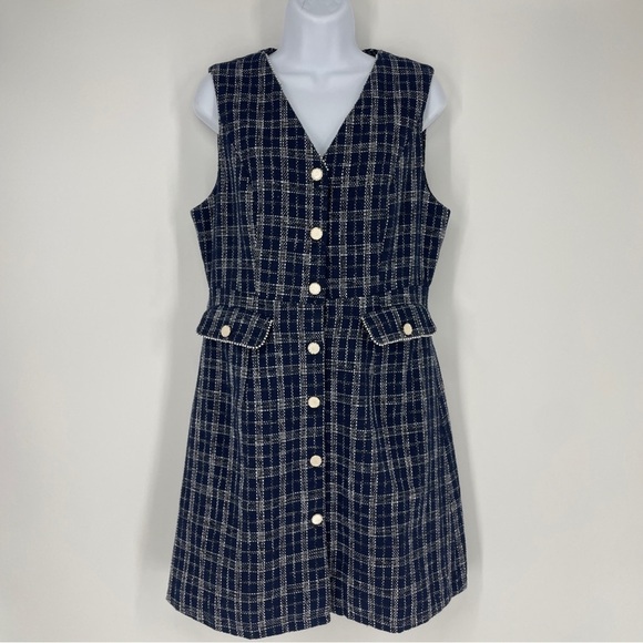 V Neck Button Down Pockets Vintage Sleeveless Plaid Tweed Dress - Picture 3 of 9